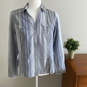 TOMMY HILFIGER Blue Gray White Stripe Shirt, Baby Doll Back Tab, Button Down